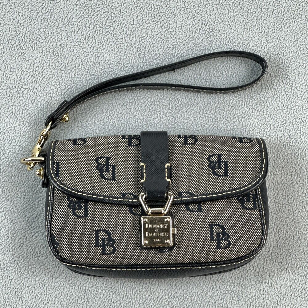 Dooney & Bourke Locking Wristlet Black Leather Signature Fabric Clutch DB Red